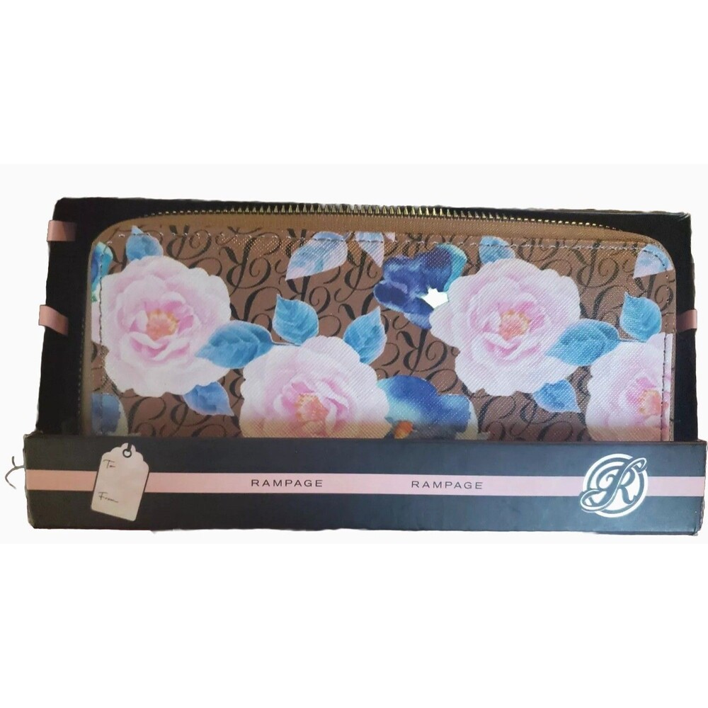 Rampage Wallet Brown Pink Blue Floral Zip Around 7.5x4” Gift Box NWT